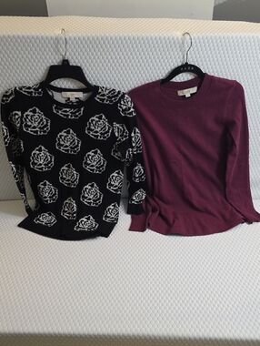 LOFT XS Sweater Bundle Burgundy Crewneck Rose Intarsia GUC 2pc